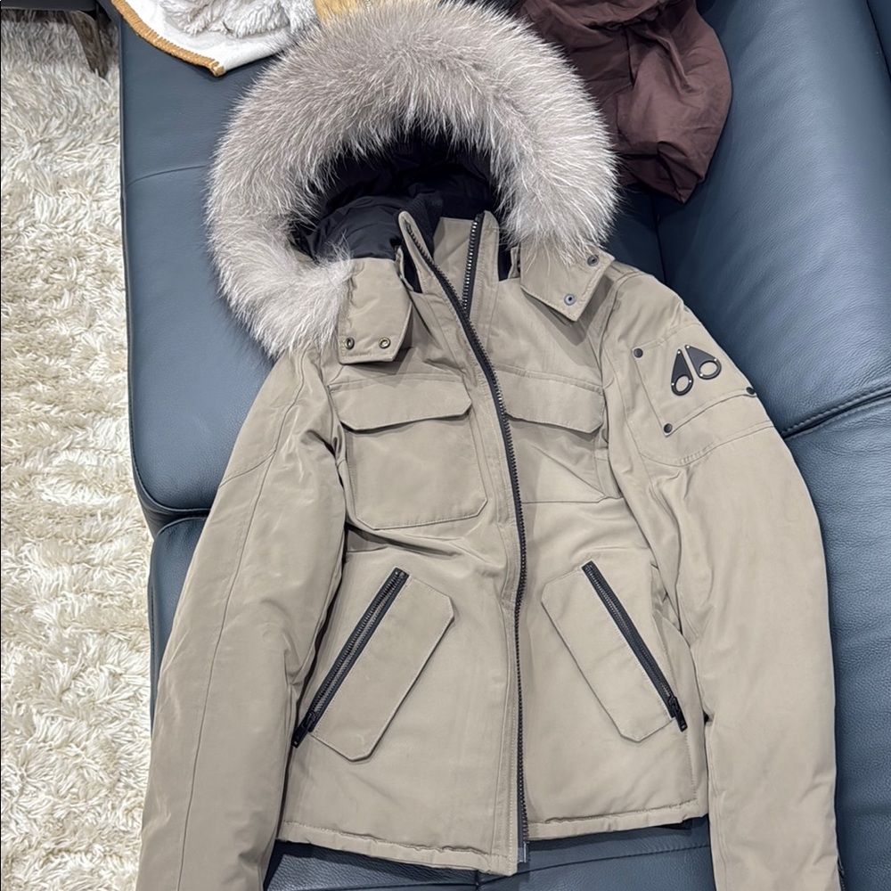 Moose Knuckles Tan Ski Jacket with Fur Hood and Insulation